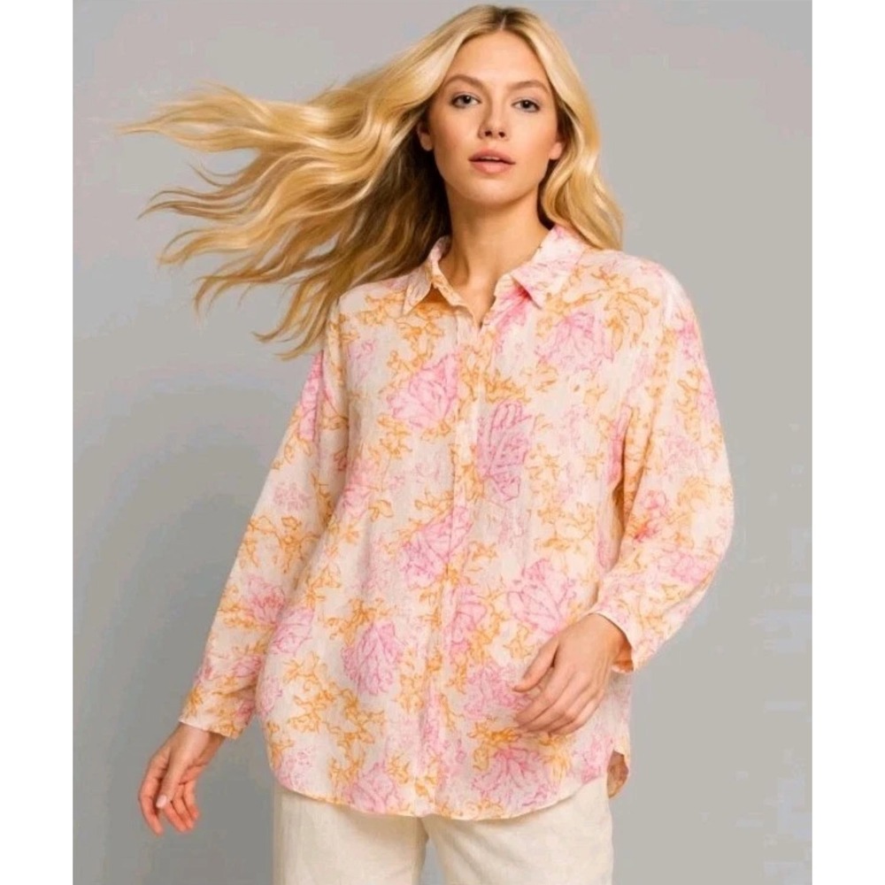 J Jill Love Linen Sea Coral Turtles Print Button Front Tunic Small Petite Coasta - Picture 1 of 11